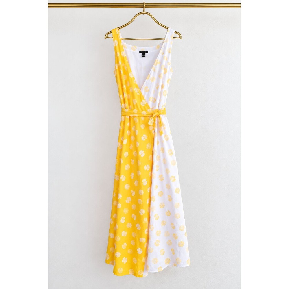 Ann Taylor Wrap Maxi Dress Yellow White Shell Print  Sleeveless Belted Womens XS
